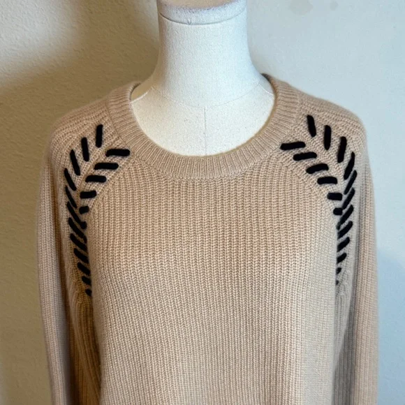 The Cashmere Project Tan Crew Neck Sweater with Black Stitch Accents size Large - Picture 2 of 13